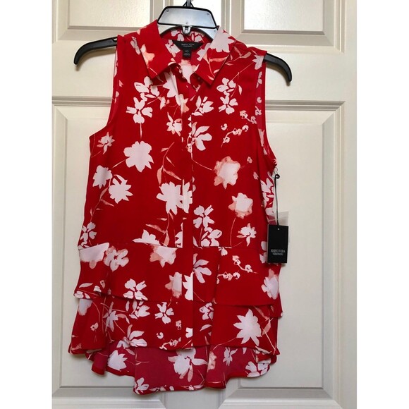 SIMPLE VERA WOMEN'S SIZE X SMALL BLOUSE SLEEVELES RED WITH WHITE FLOWERS - Picture 6 of 8